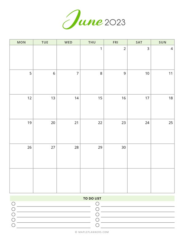 Free Printable June 2023 Monthly Calendar - Monday Start