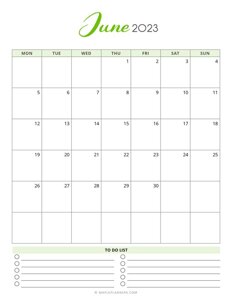 June 2023 Monthly Calendar - Monday Start