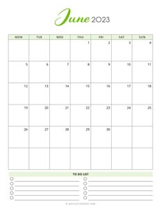 June 2023 Monthly Calendar - Monday Start