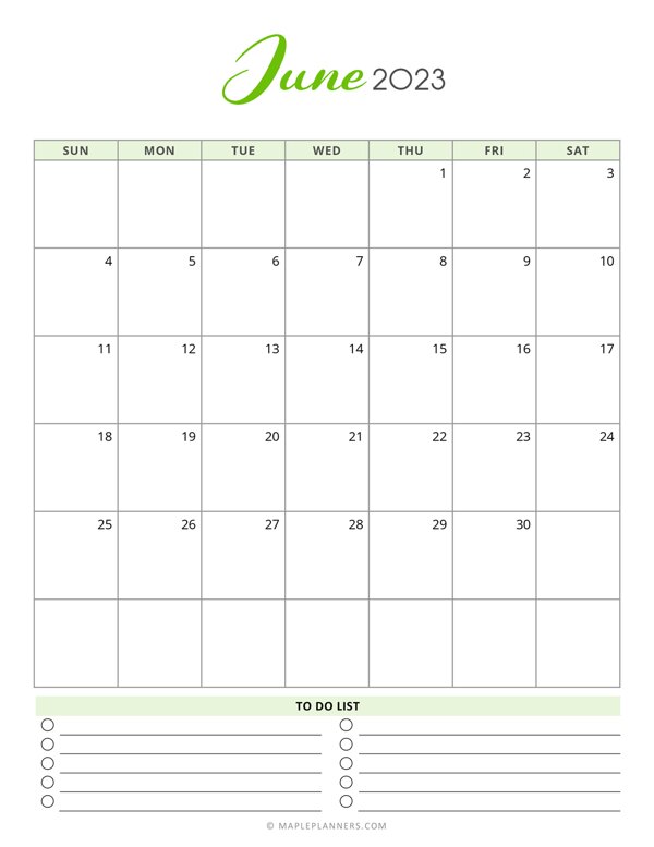 June 2023 Monthly Calendar - Vertical