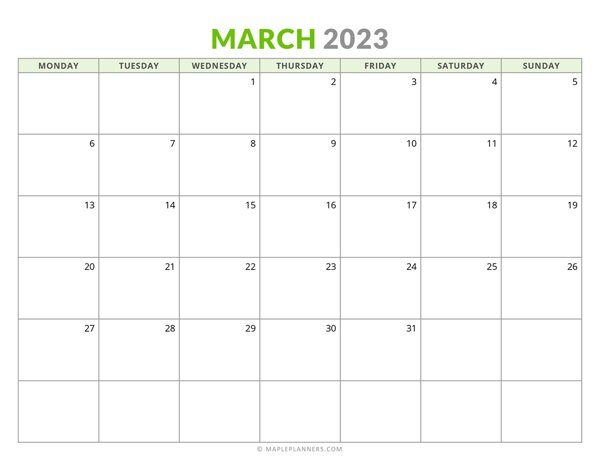 March 2023 Monthly Calendar (Monday Start)