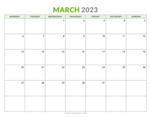 March 2023 Monthly Calendar (Monday Start)