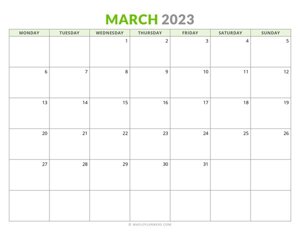 March 2023 Monthly Calendar (Monday Start)
