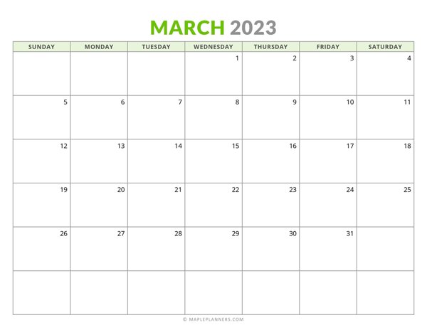 March 2023 Monthly Calendar (Sunday Start)
