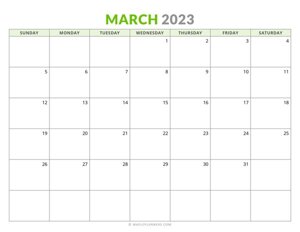 March 2023 Monthly Calendar (Sunday Start)