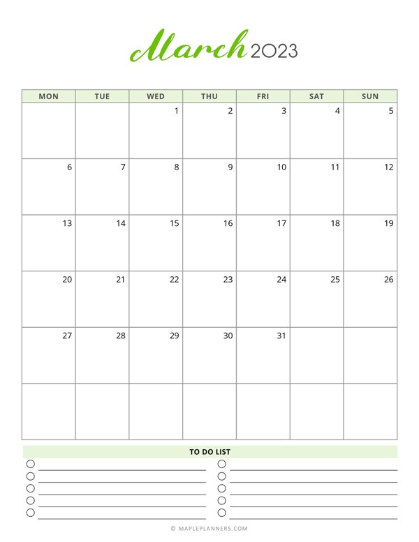 March 2023 Monthly Calendar - Monday Start