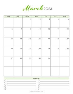 March 2023 Monthly Calendar - Monday Start