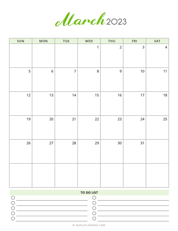 March 2023 Monthly Calendar - Vertical