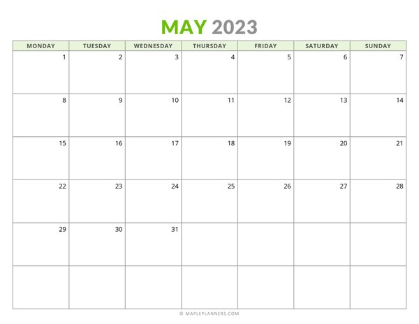 May 2023 Monthly Calendar (Monday Start)