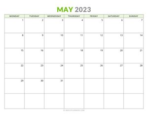 May 2023 Monthly Calendar (Monday Start)