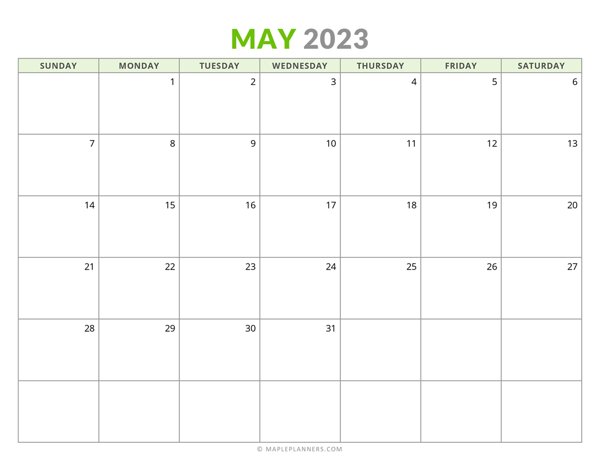 May 2023 Monthly Calendar (Sunday Start)
