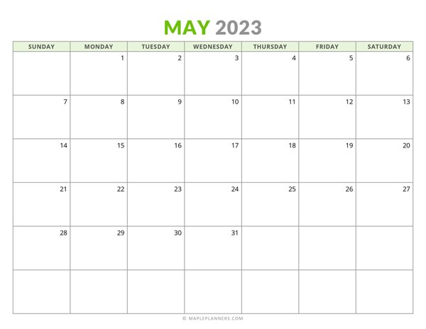 May 2023 Monthly Calendar (Sunday Start)