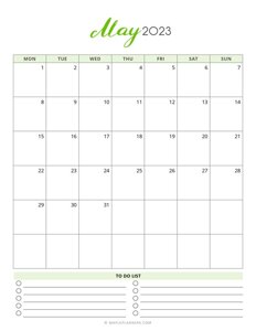 May 2023 Monthly Calendar - Monday Start