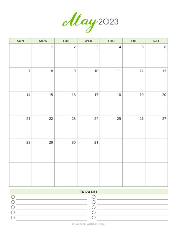 May 2023 Monthly Calendar - Vertical