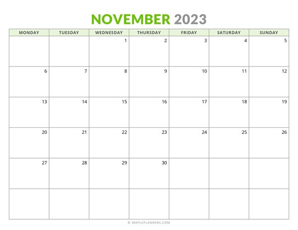 November 2023 Monthly Calendar (Monday Start)