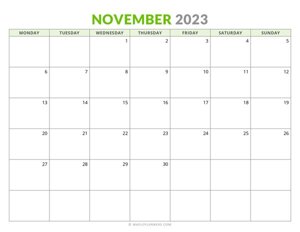 November 2023 Monthly Calendar (Monday Start)