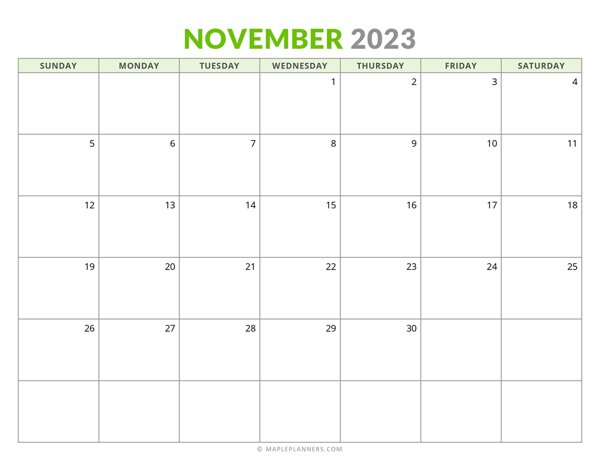 November 2023 Monthly Calendar (Sunday Start)