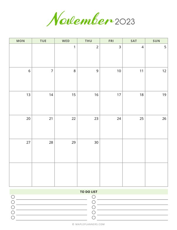 Free Printable November 2023 Monthly Calendar Monday Start