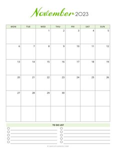 November 2023 Monthly Calendar - Monday Start