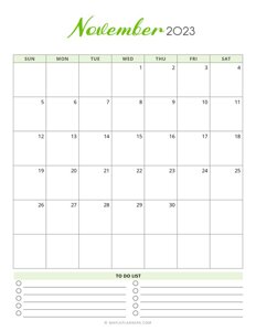 November 2023 Monthly Calendar - Vertical