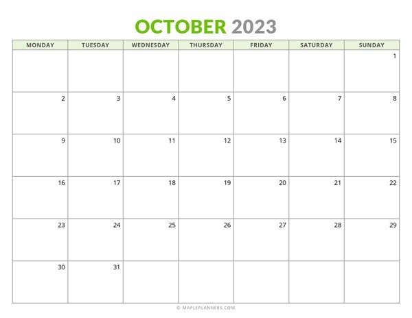 October 2023 Monthly Calendar (Monday Start)