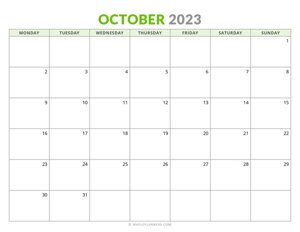 October 2023 Monthly Calendar (Monday Start)
