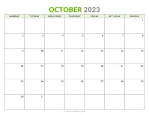October 2023 Monthly Calendar (Monday Start)