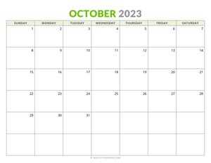 October 2023 Monthly Calendar (Sunday Start)