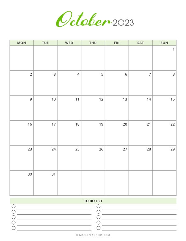 October 2023 Monthly Calendar - Monday Start
