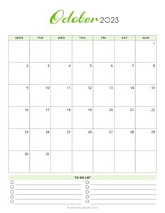 October 2023 Monthly Calendar - Monday Start