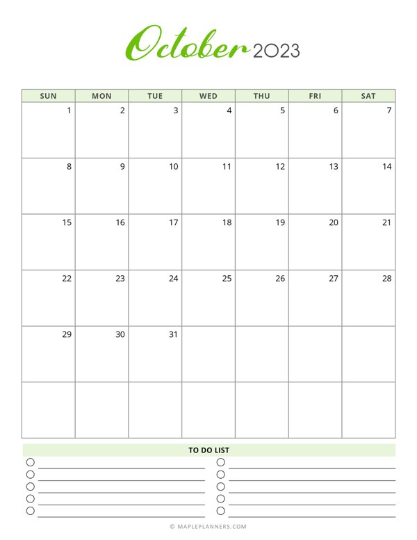 October 2023 Monthly Calendar - Vertical