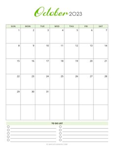 October 2023 Monthly Calendar - Vertical