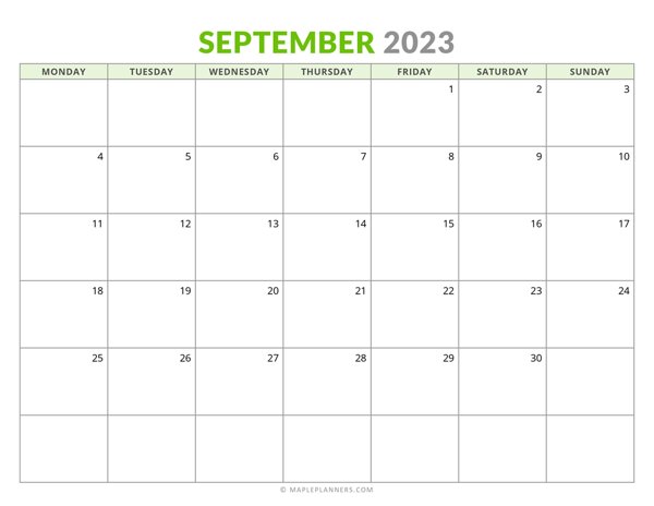 September 2023 Monthly Calendar (Monday Start)