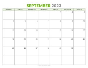 September 2023 Monthly Calendar (Monday Start)