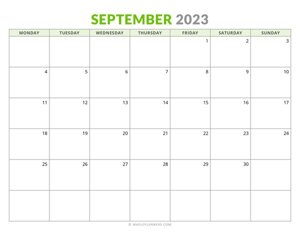 September 2023 Monthly Calendar (Monday Start)