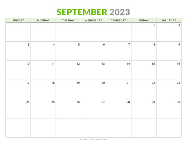 September 2023 Monthly Calendar (Sunday Start)