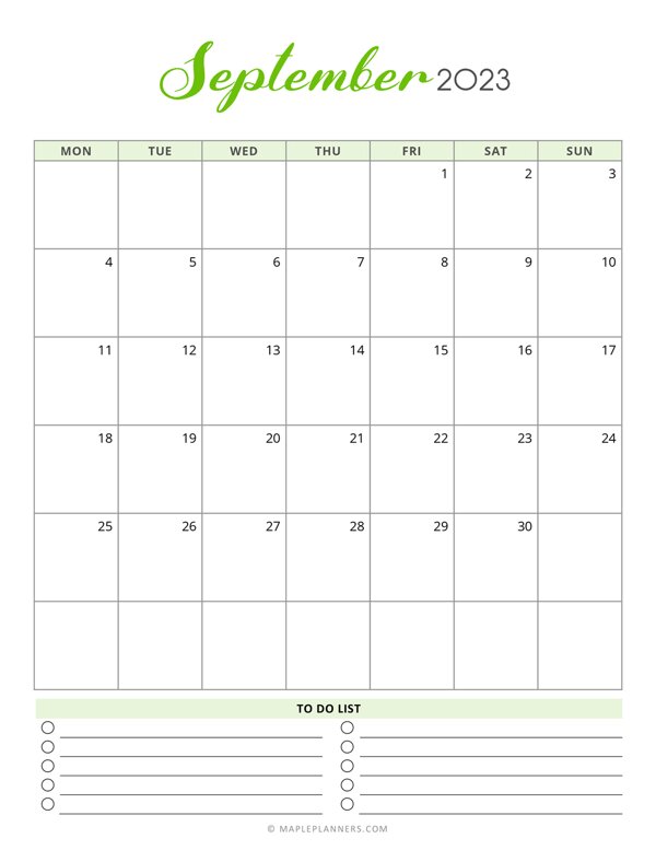 September 2023 Monthly Calendar - Monday Start