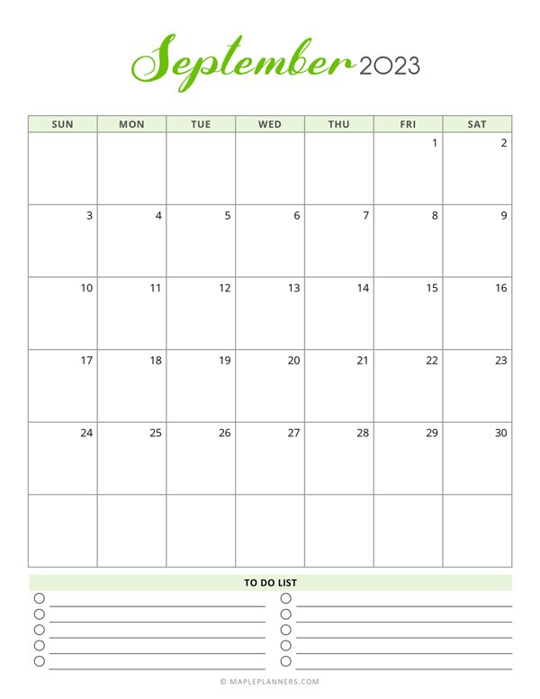 September 2023 Monthly Calendar - Vertical