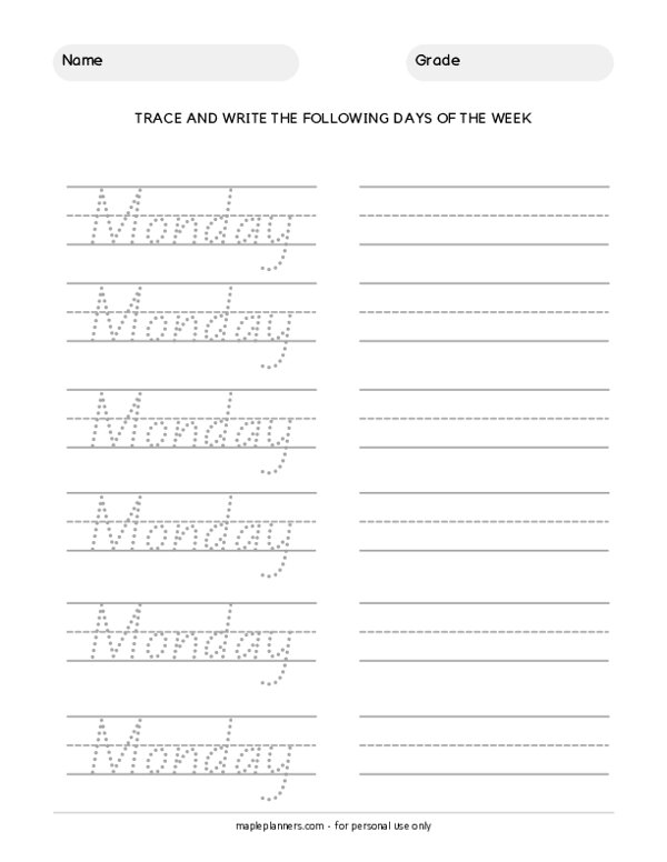Trace The Days Of The Week Tracing Monday
