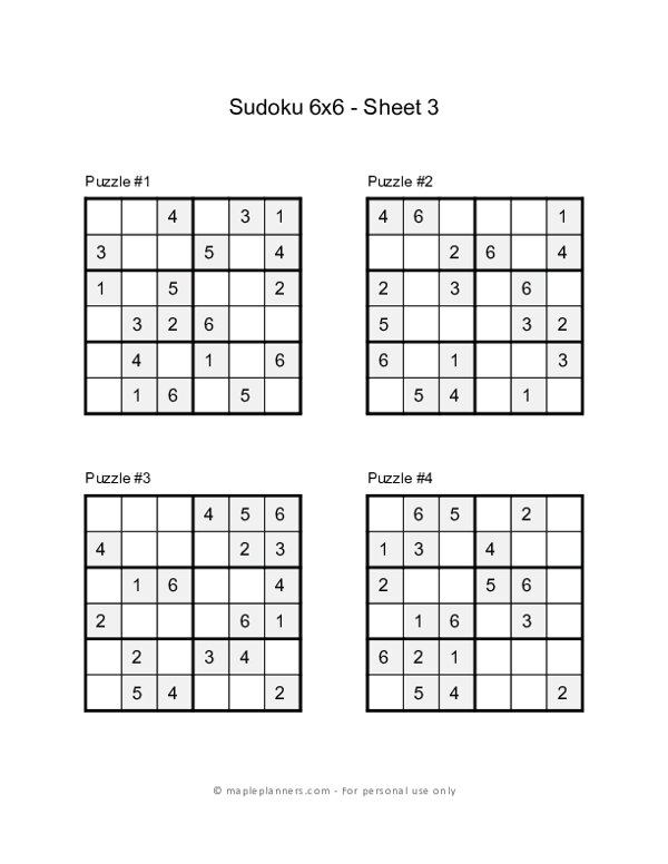 6x6 Sudoku Puzzles Printable - Sheet 1