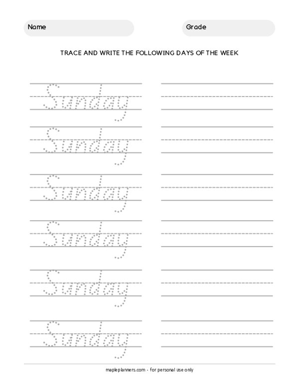 Trace the Days of the Week - Sunday