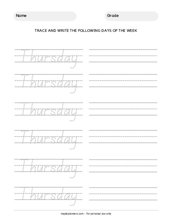 Trace the Days of the Week - Thursday