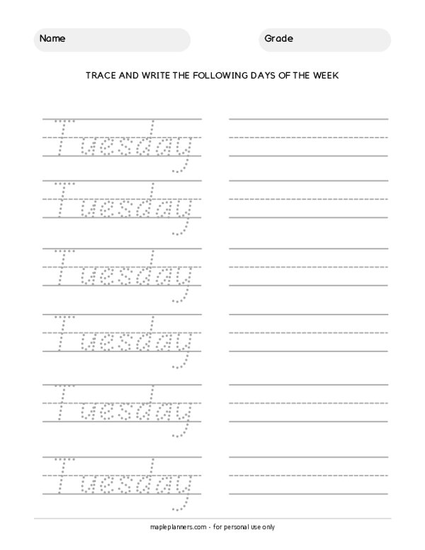 Trace the Days of the Week - Tuesday