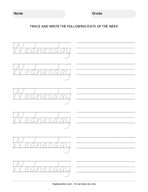 Trace the Days of the Week - Wednesday