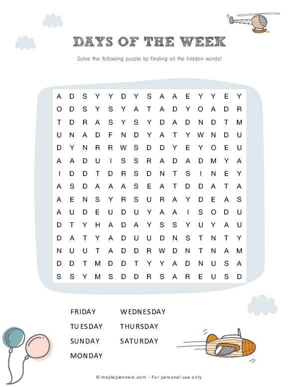 Days of the Week Word Search