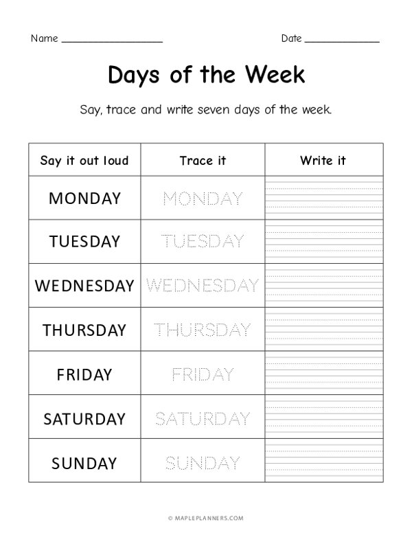 Days of the Week Worksheets - Trace and Write