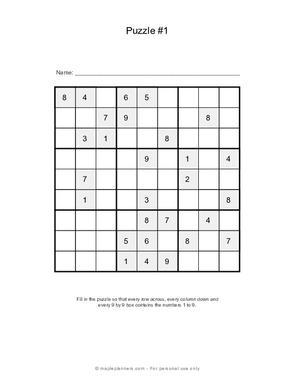 Easy 9X9 Sudoku Puzzles 8 pages