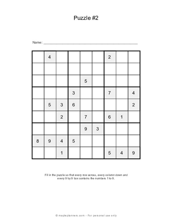 Sudoku Puzzles - 9x9 - Puzzle #2