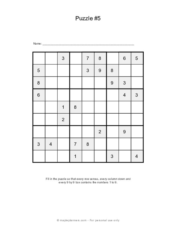 Sudoku Puzzles - 9x9 - Puzzle #5