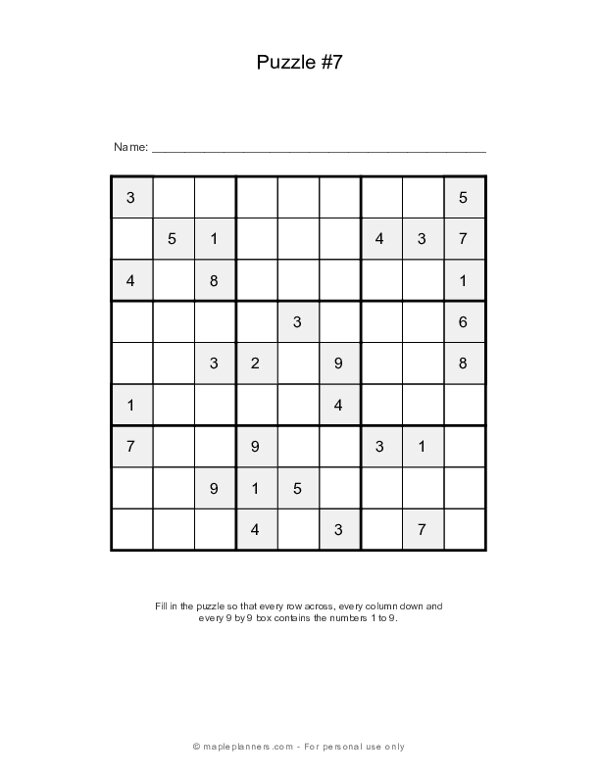 Sudoku Puzzles - 9x9 - Puzzle #7